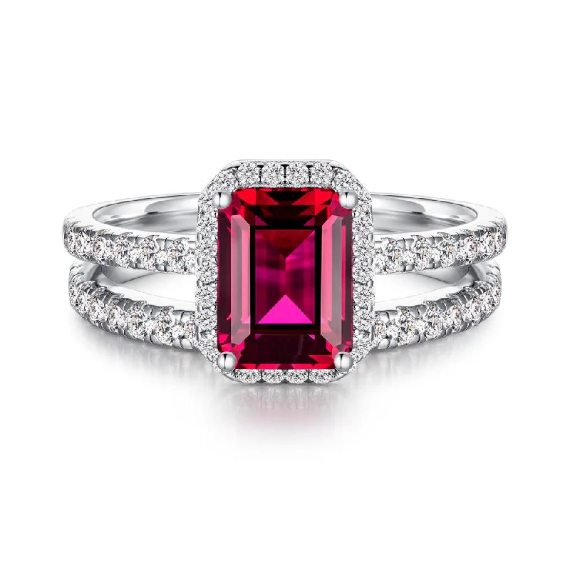 2 CT. Emerald Cut Lab Grown Ruby Ring Set with Matching Wedding Band