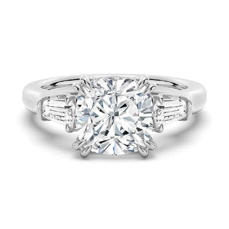 Cushion-Cut Moissanite Engagement Ring with Tapered Baguette Side Stones