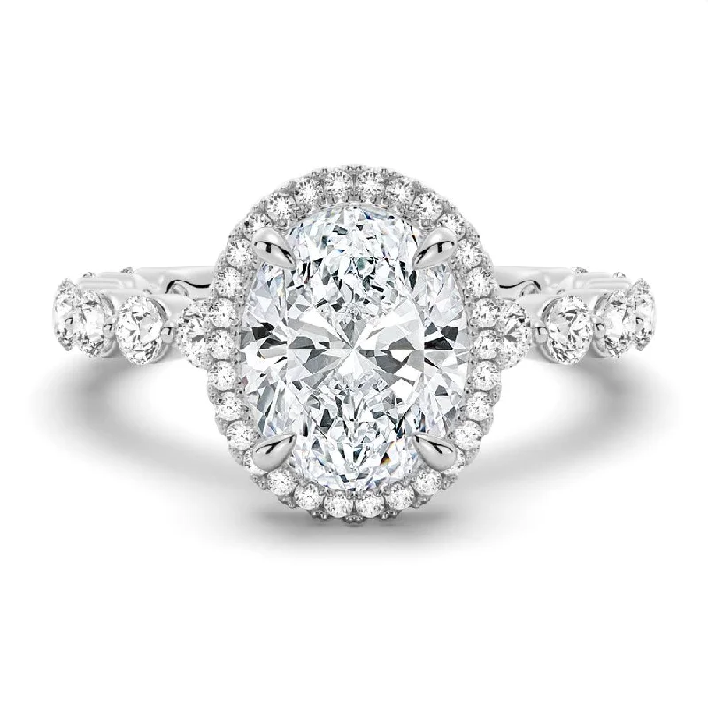 Oval Halo with Pavé Shared Prong Band Moissanite Engagement Ring