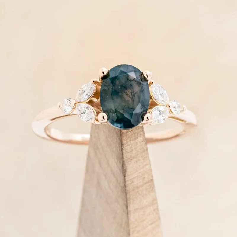 "BLOSSOM" - OVAL-CUT MOSS AGATE ENGAGEMENT RING WITH LEAFCUT DIAMOND ACCENTS