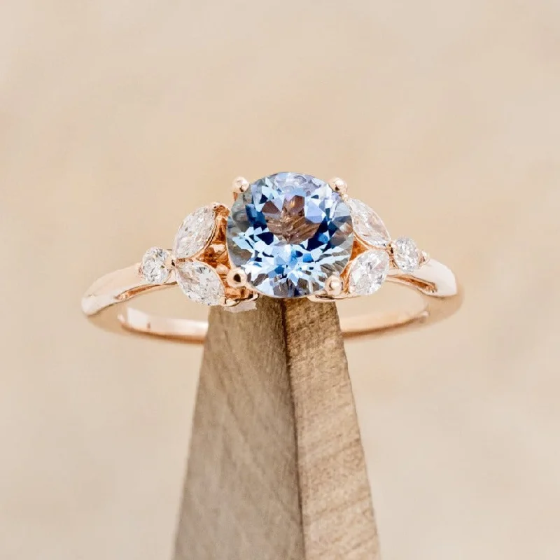 "BLOSSOM" - ROUND CUT AQUAMARINE ENGAGEMENT RING WITH LEAFCUT DIAMOND ACCENTS