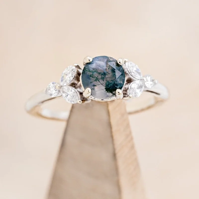 "BLOSSOM" - ROUND CUT MOSS AGATE ENGAGEMENT RING WITH LEAFCUT DIAMOND ACCENTS