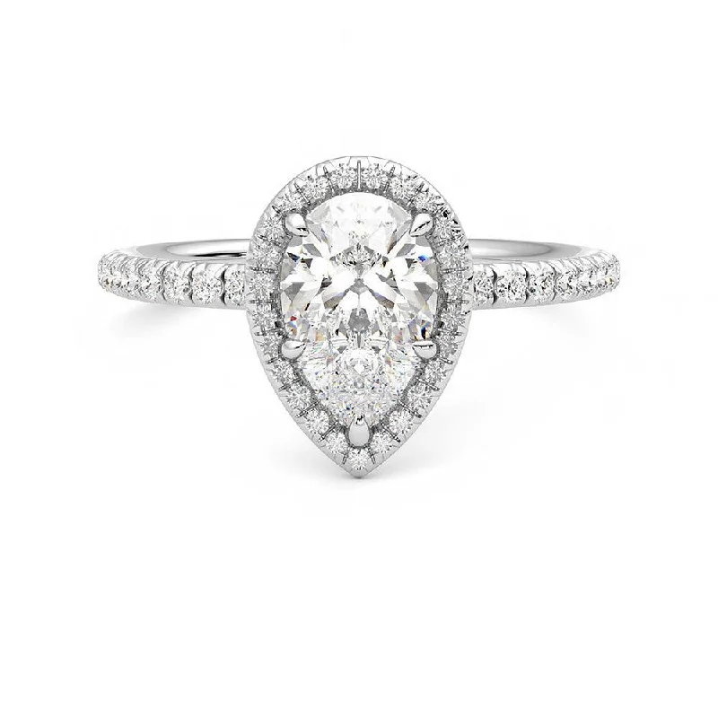 Classic Halo Pear Cut Moissanite Engagement Ring with Hidden Anniversary Stone Accent