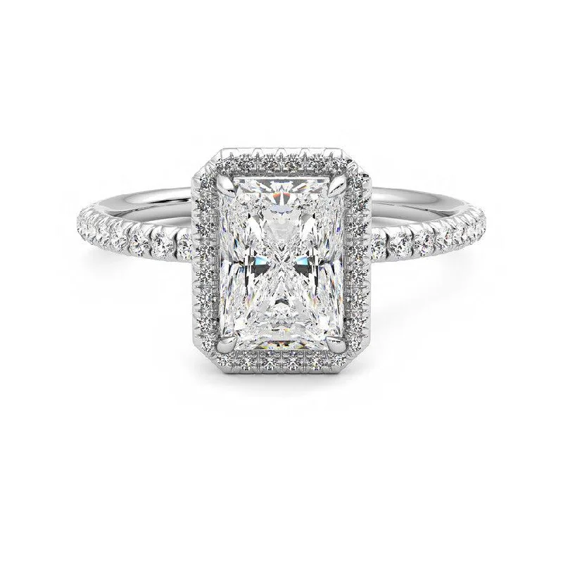 Classic Halo Radiant Cut Moissanite Engagement Ring with Hidden Anniversary Stone Accent