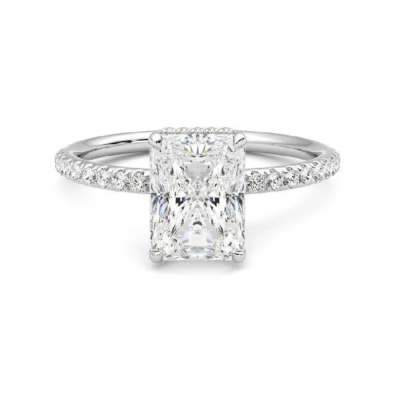 Radiant Cut Moissanite Engagement Ring with Hidden Halo and Anniversary Stone Accent