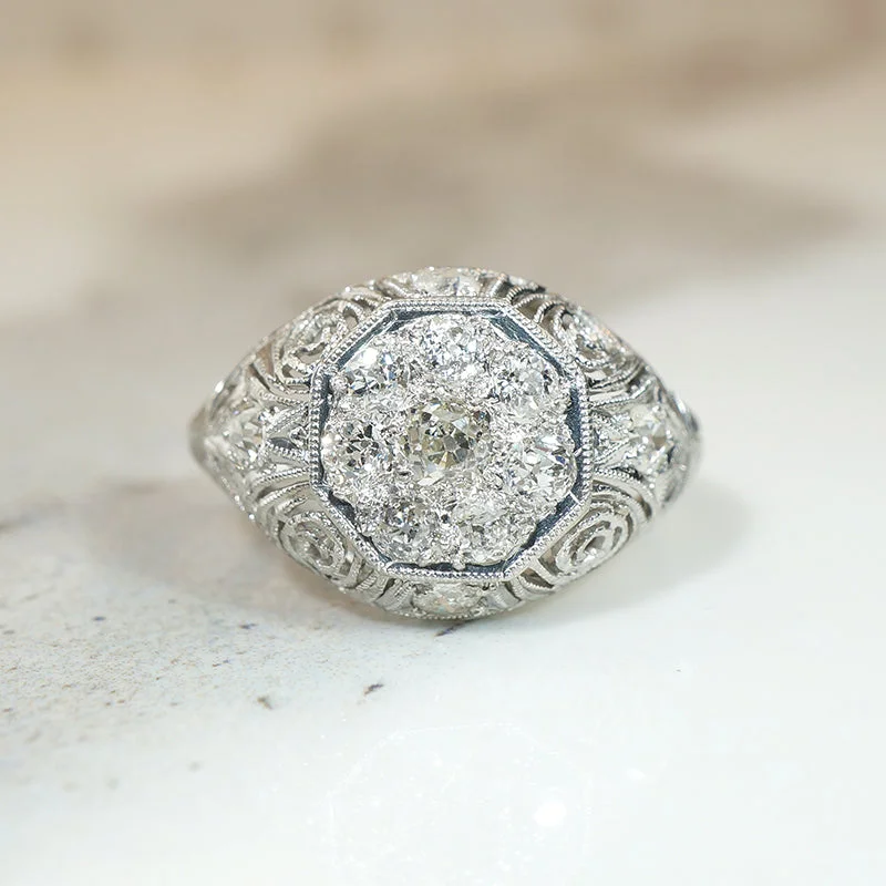 Old Mine Diamond Cluster in Ornate Platinum Ring