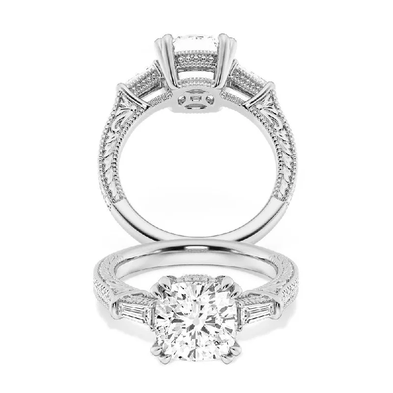 Cushion Cut Moissanite Filigree with Baguettes Vintage Engagement Ring