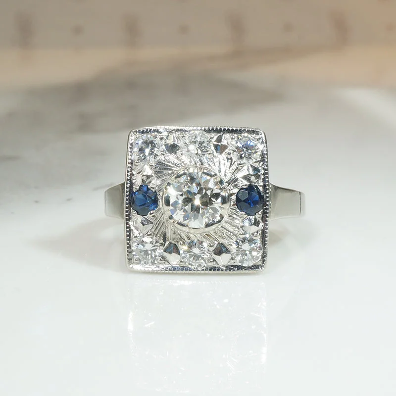 Deco Square Diamond and Sapphire Ring