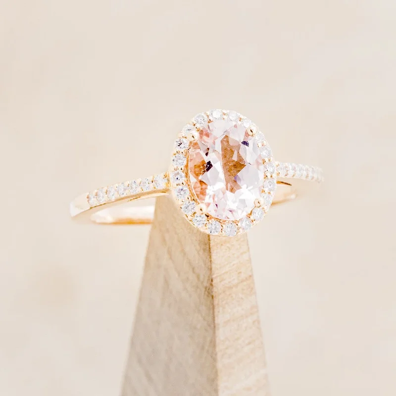 "DIANA" - OVAL MORGANITE ENGAGEMENT RING WITH DIAMOND HALO & ACCENTS