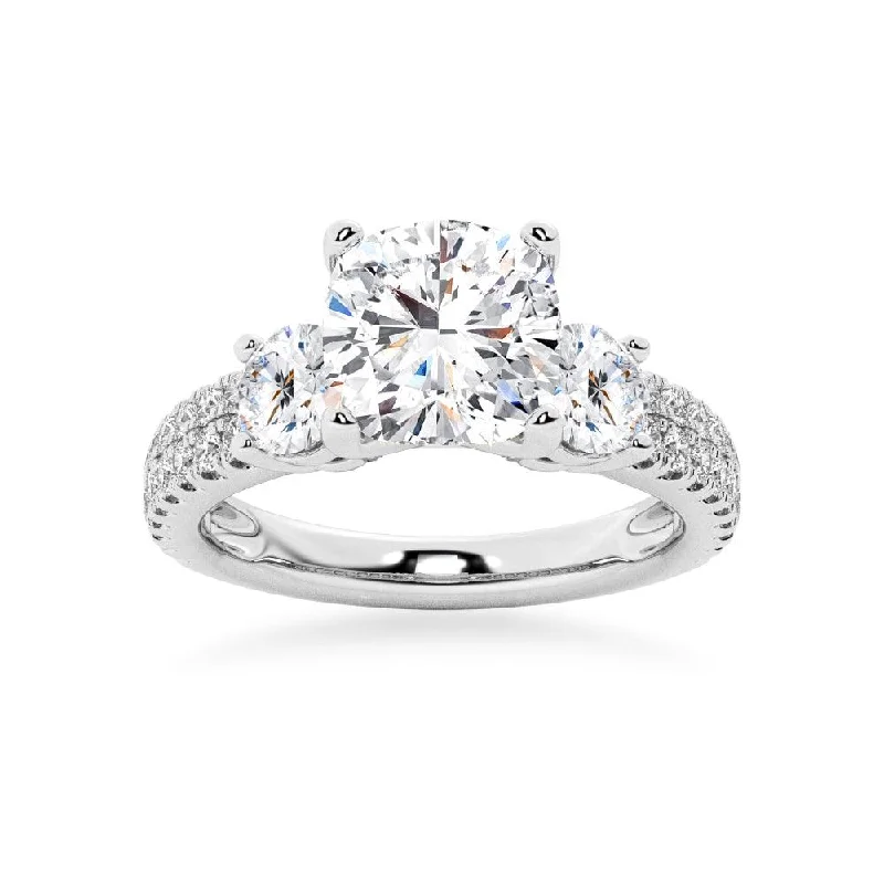 NEW Double Row Pave Three Stone Cushion Cut Moissanite Engagement Ring