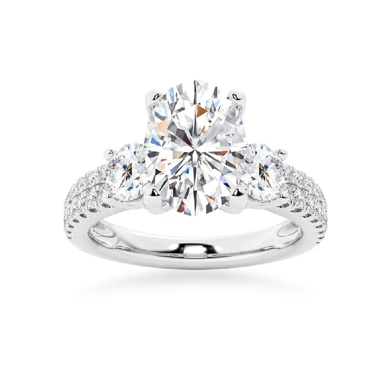 NEW Double Row Pave Three Stone Oval Cut Moissanite Engagement Ring