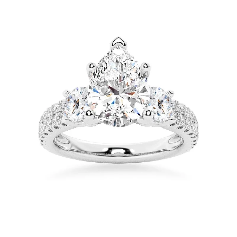 Double Row Pave Three Stone Pear Shaped Engagement Ring