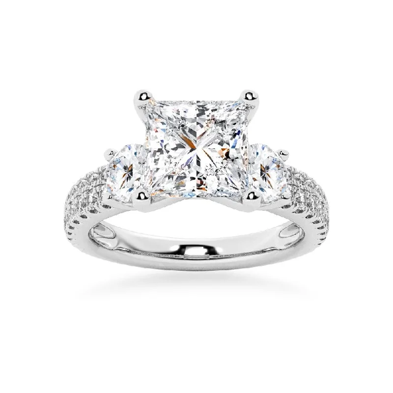 NEW Double Row Pave Three Stone Princess Cut Moissanite Engagement Ring