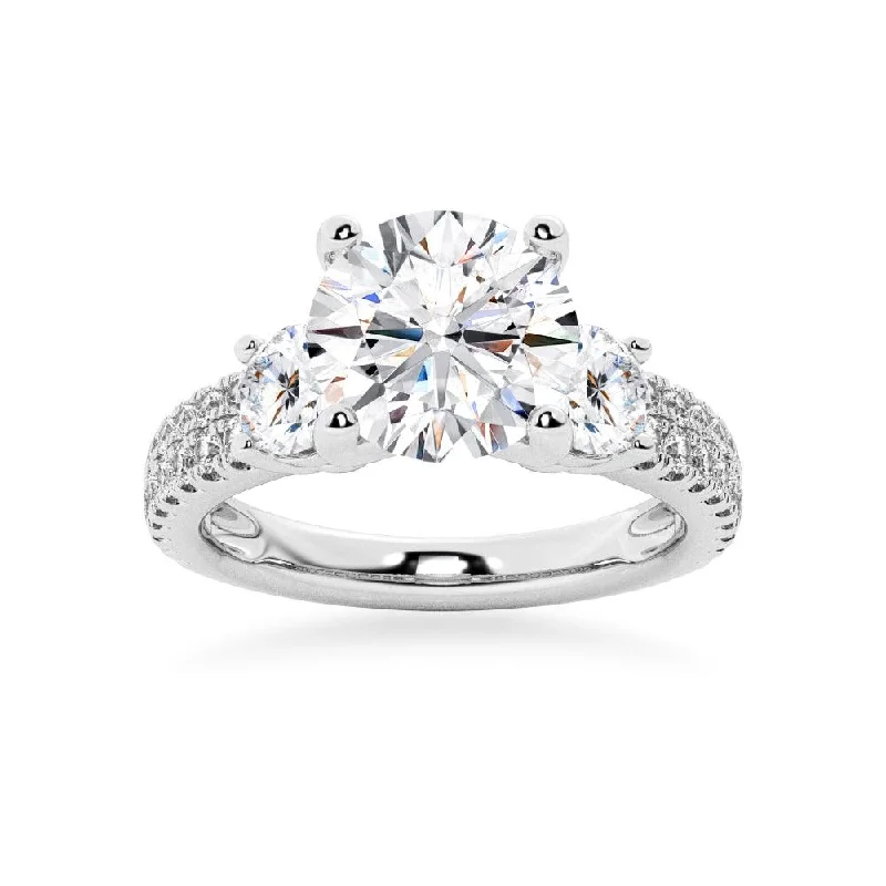 NEW Double Row Pave Three Stone Round Cut Moissanite Engagement Ring