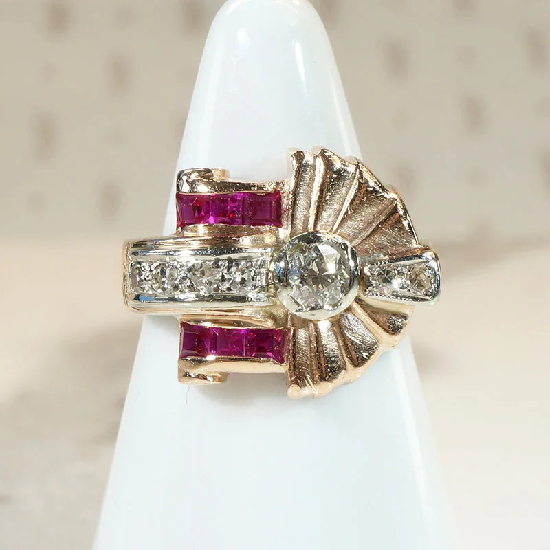 Dramatic Diamond & Ruby Retro Ring in Gold & Platinum