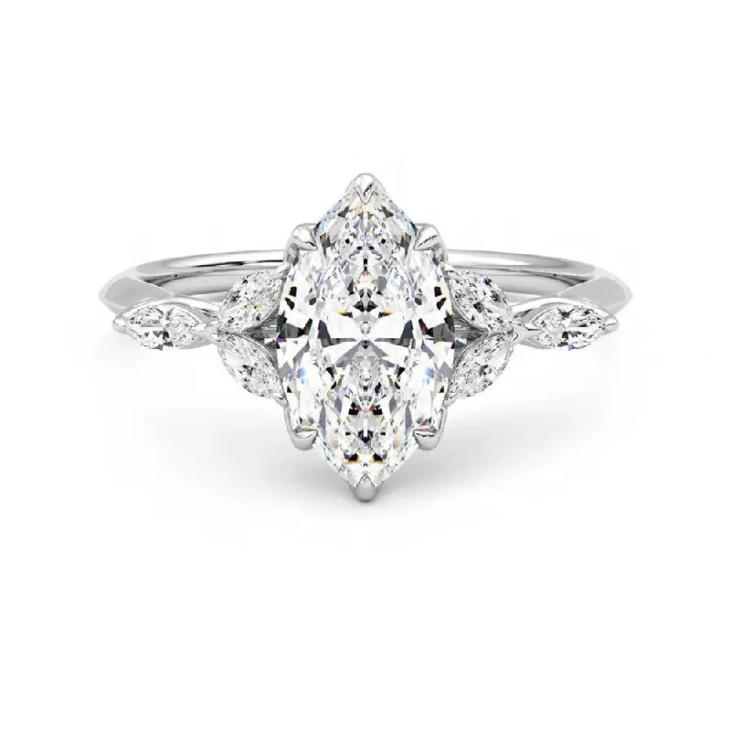 Marquise Cut Moissanite Engagement Ring with Petals and Hidden Anniversary Stone Accent