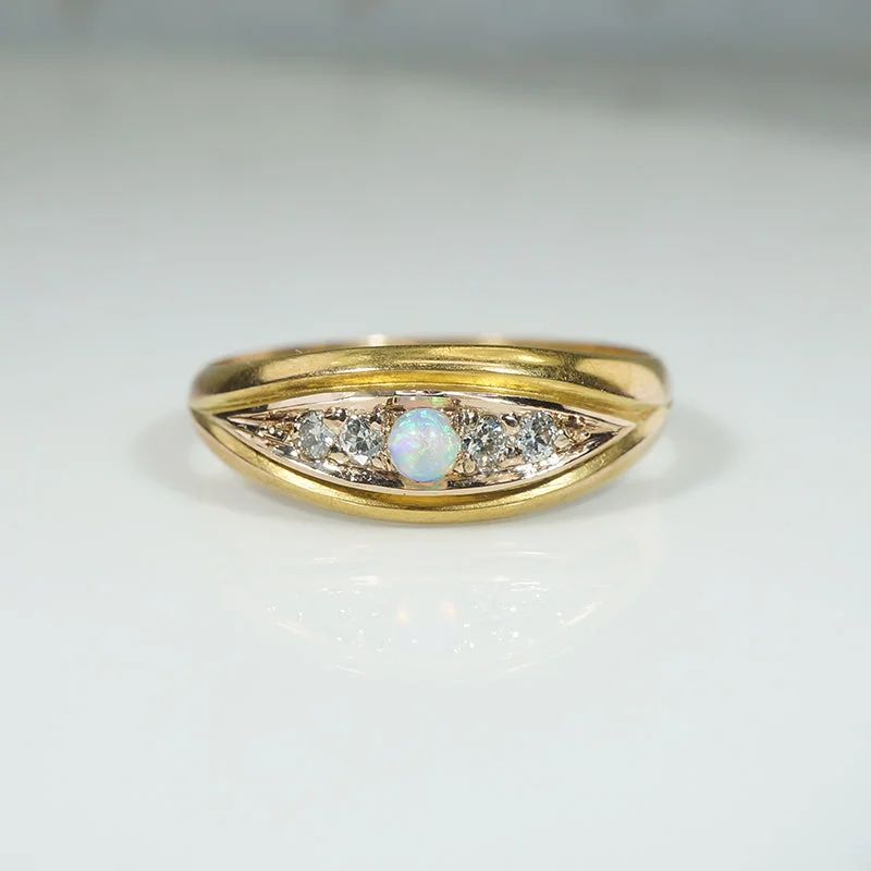 English 18ct Gold "Eye" Band with Opal & Diamond