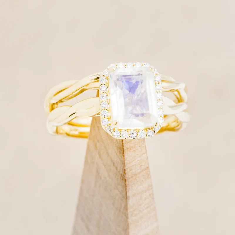 "EVERLEIGH" - EMERALD CUT MOONSTONE ENGAGEMENT RING WITH DIAMOND HALO & WOVEN STACKING BAND