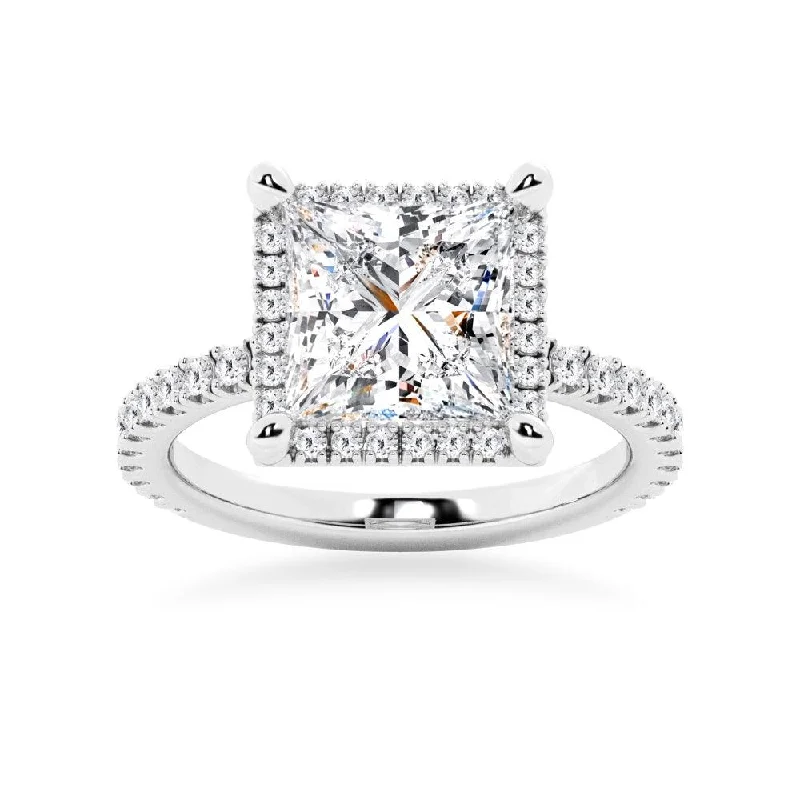 Half Eternity Princess Cut Moissanite Halo Engagement Ring