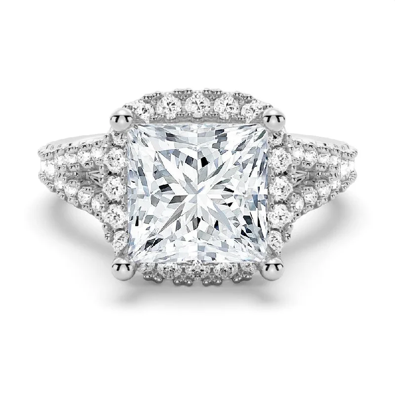 Halo Princess Cut Moissanite Engagement Ring With Split Band