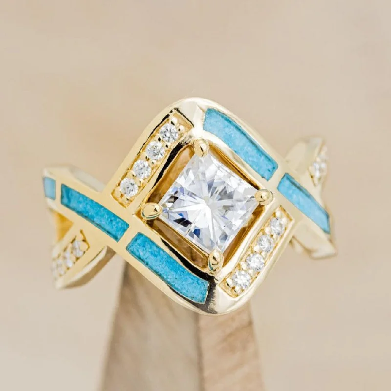 "HELIX" - PRINCESS CUT MOISSANITE ENGAGEMENT RING WITH DIAMOND ACCENTS & TURQUOISE INLAYS