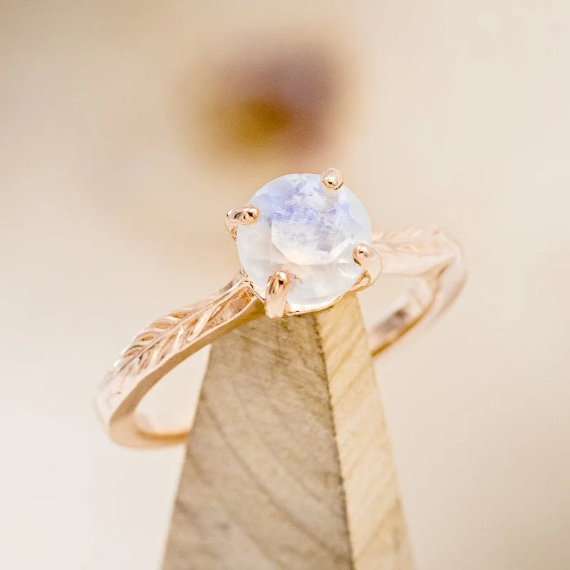 "HOPE" - ROUND CUT MOONSTONE SOLITAIRE ENGAGEMENT RING WITH FEATHER ACCENTS