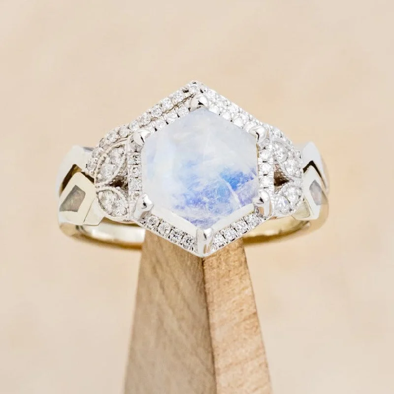 "LUCY IN THE SKY" - FACETED HEXAGON CUT MOONSTONE WEDDING BAND SET WITH DIAMOND HALO & TRACER