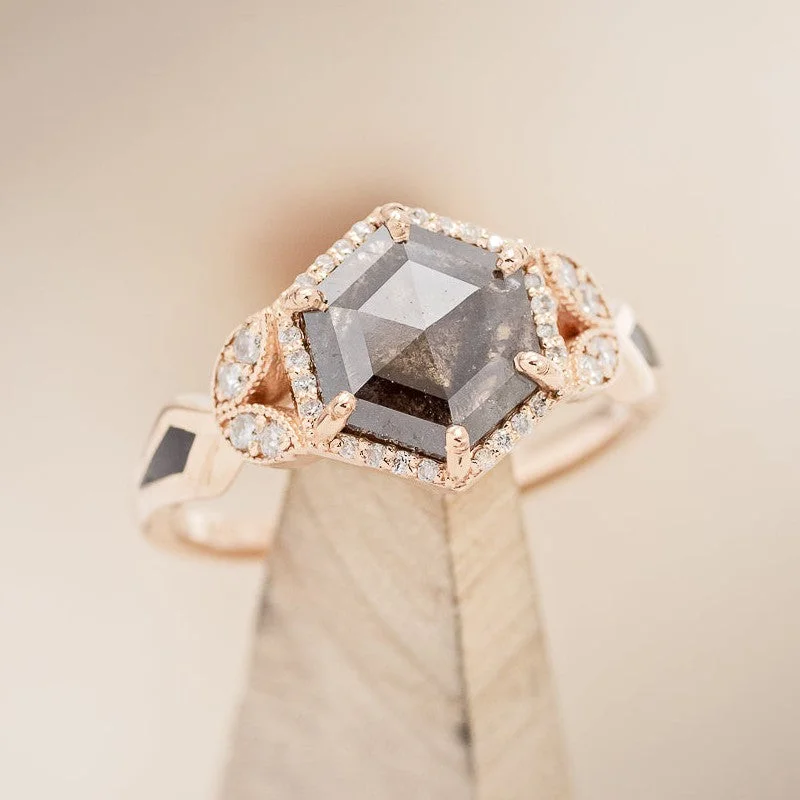 "LUCY IN THE SKY" - HEXAGON CUT SALT & PEPPER ENGAGEMENT RING WITH JET STONE INLAYS