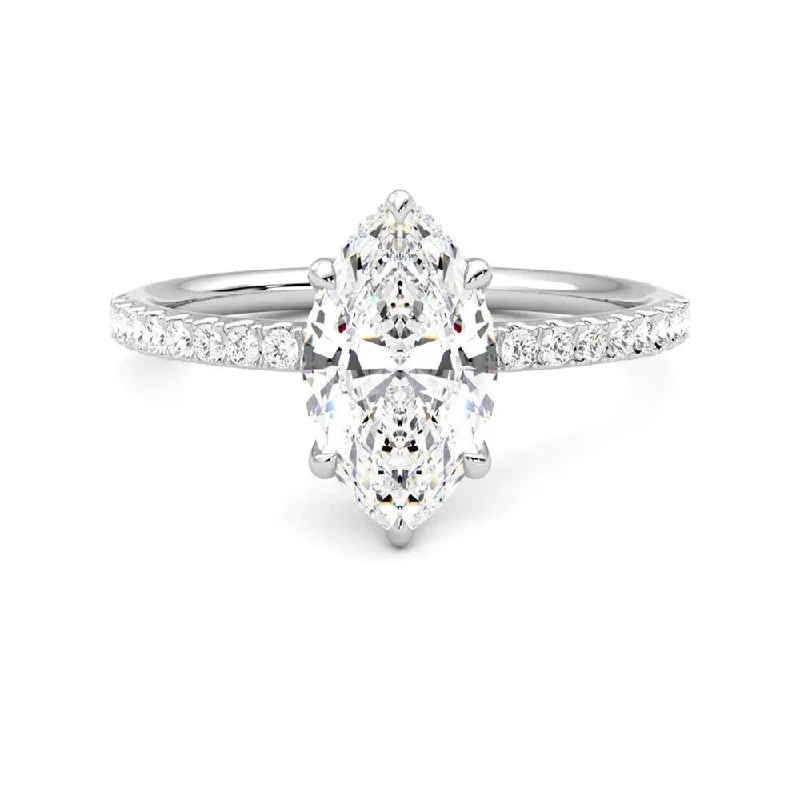 Marquise Cut Moissanite Engagement Ring with Hidden Halo and Anniversary Stone Accent