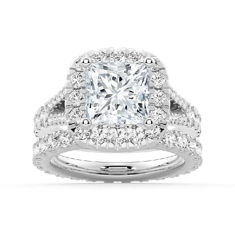 NEW Princess Cut Split-Shank Halo Moissanite Ring Set with Matching Wedding Band