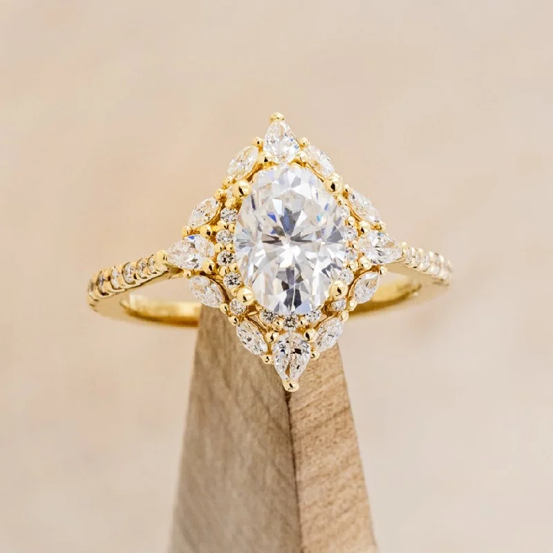 "NORTH STAR" - BRILLIANT CUT OVAL MOISSANITE ENGAGEMENT RING WITH DIAMOND ACCENTS & DIAMOND TRACER