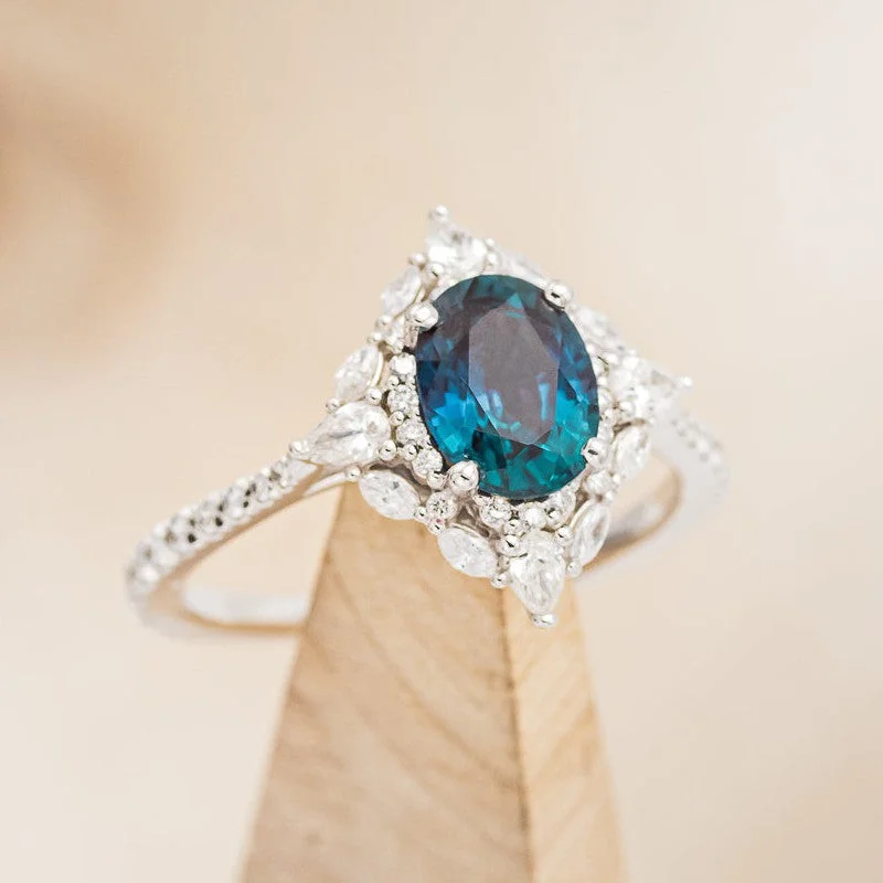 "NORTH STAR" - OVAL LAB-GROWN ALEXANDRITE ENGAGEMENT RING WITH DIAMOND HALO & ACCENTS