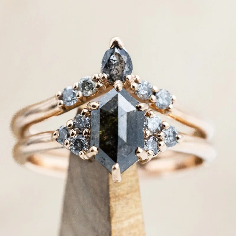 "OCTAVIA" - ELONGATED HEXAGON ROSECUT SALT & PEPPER DIAMOND ENGAGEMENT RING & TRACER