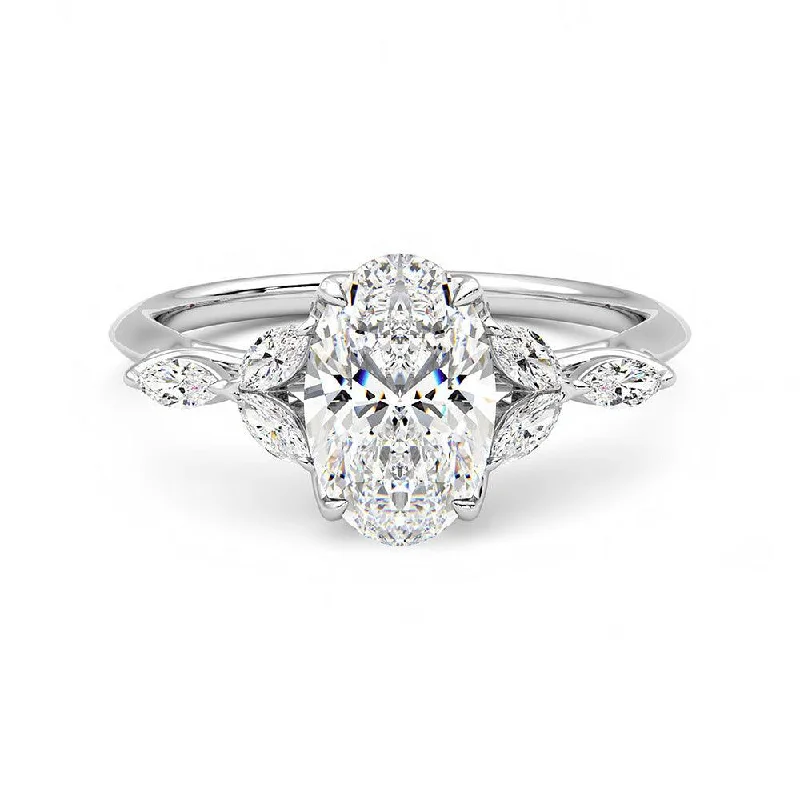 Oval Cut Moissanite Engagement Ring with Marquise Petals and Hidden Anniversary Stone Accent