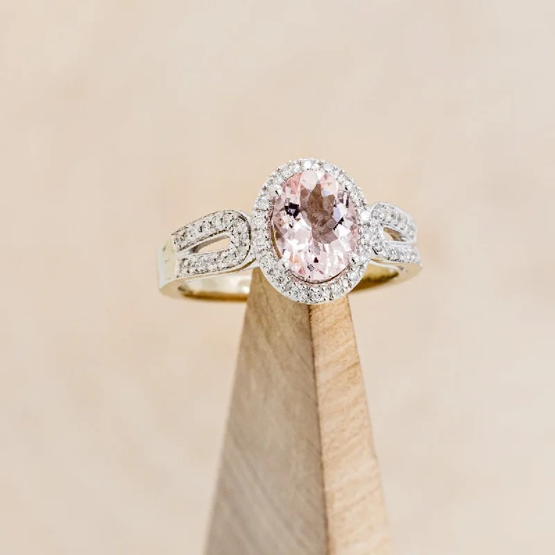 "TIANA" - OVAL MORGANITE ENGAGEMENT RING WITH DIAMOND HALO & ACCENTS