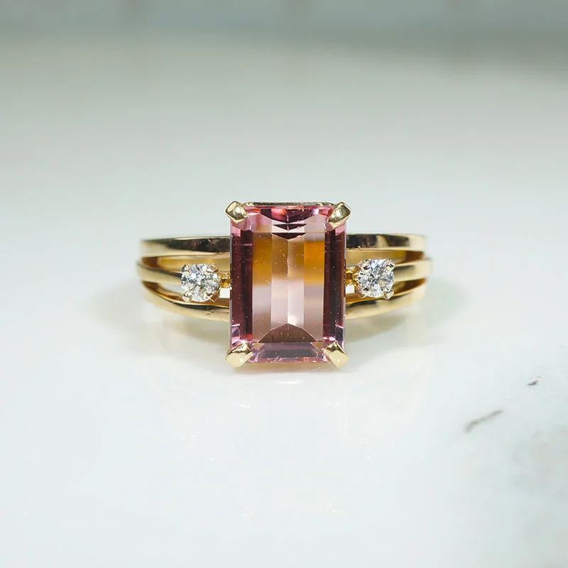 Mauvish-Pink Emerald-Cut Tourmaline & Diamond Ring