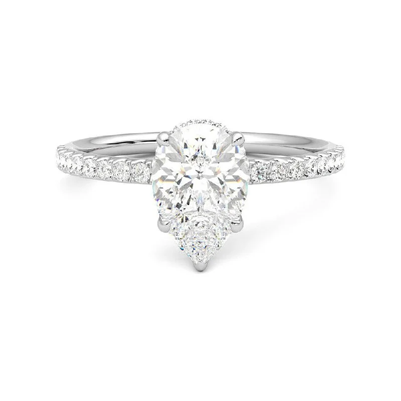 Pear Shaped Moissanite Engagement Ring with Hidden Halo and Anniversary Stone Accent