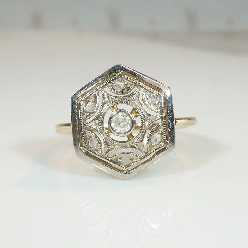 Lacy Platinum Hexagon on 18k Diamond Edwardian Ring