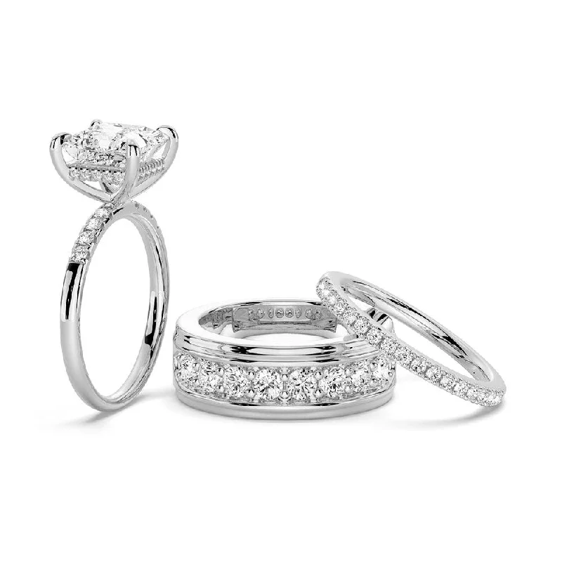 Princess Cut Hidden Halo Moissanite Couple's Ring Set with Men's Wedding Band