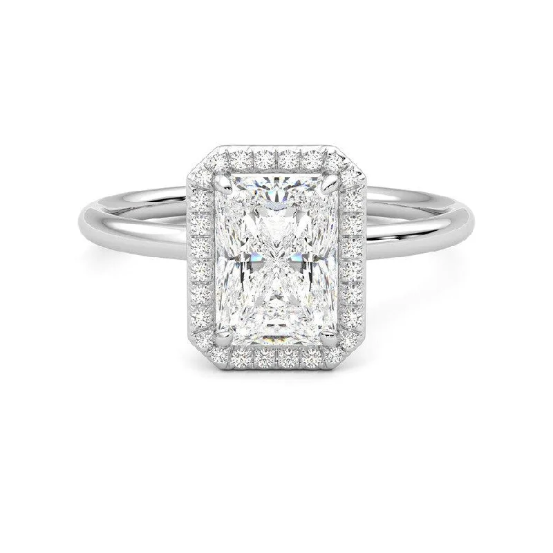 Radiant Cut Halo Moissanite Engagement Ring with Hidden Anniversary Stone Accent