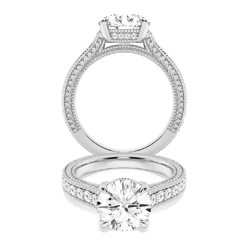 Round Pave Moissanite Cathedral Engagement Ring With Hidden Halo