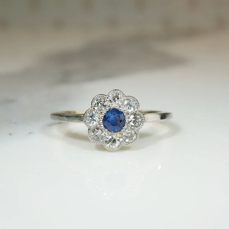 Edwardian Sapphire & Diamond Cluster Flower Ring