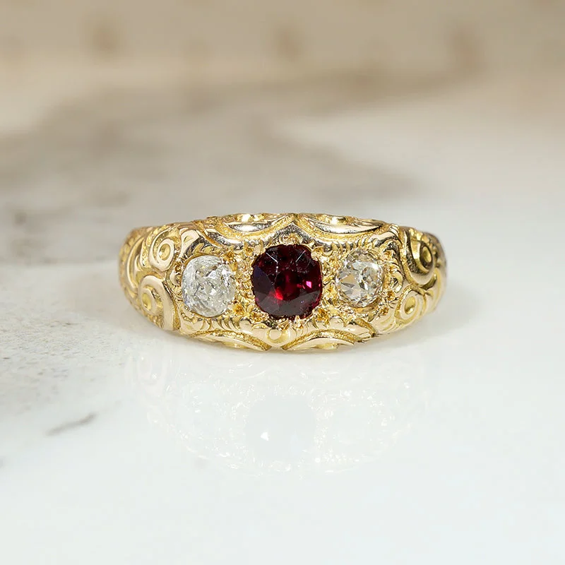 Scarlet Ruby & Sparkling Diamond Engraved Victorian Ring