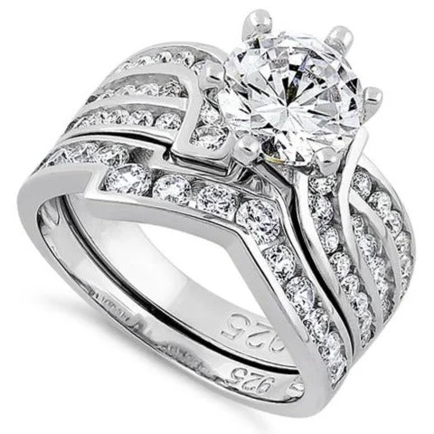 Sterling Silver CZ Engagement Ring Set