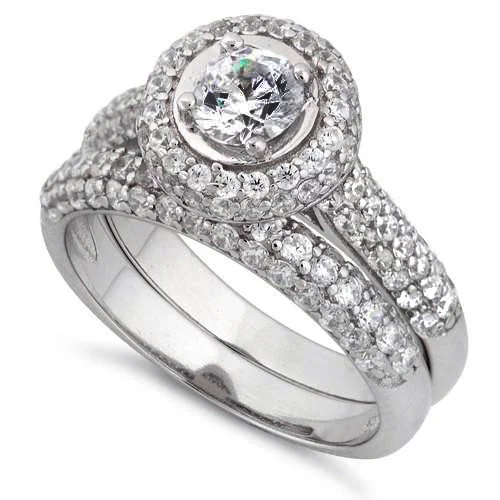 Sterling Silver Halo Round CZ Engagement Set Ring