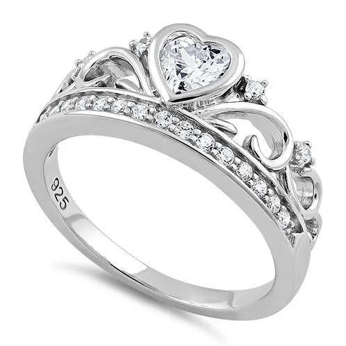 Sterling Silver Heart Crown Clear CZ Ring