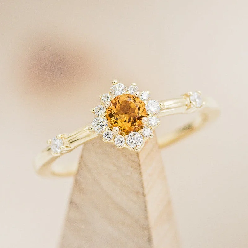 "STARLA" - ROUND CUT CITRINE ENGAGEMENT RING WITH A STARBURST DIAMOND HALO