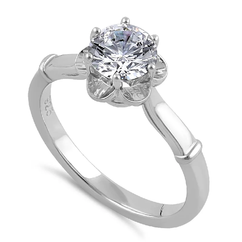 Sterling Silver 6.5mm Clear CZ Flower Setting Ring