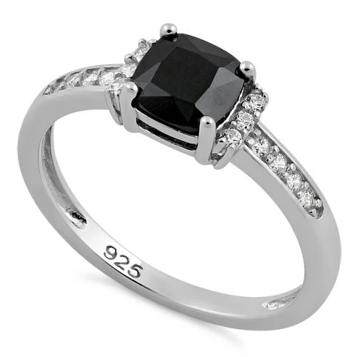 Sterling Silver Cushion-Cut Black CZ Ring