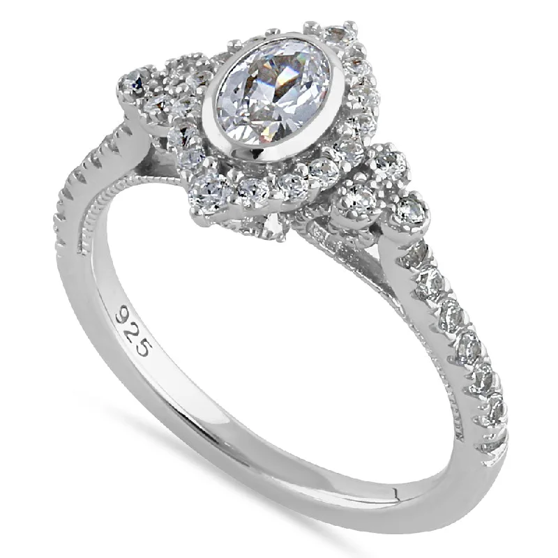 Sterling Silver Victorian Oval CZ Engagement Ring